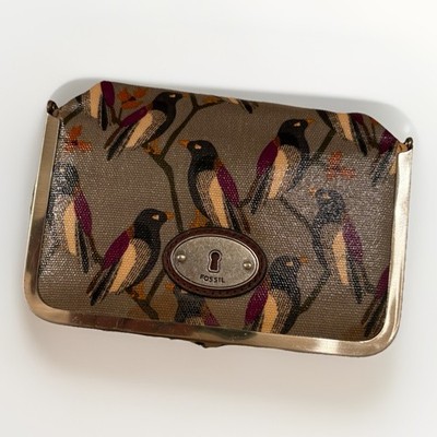 Fossil Key-Per Bird Print Folding Travel Jewelry Case Vinyl Coated Canvas Wallet