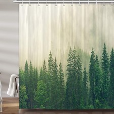 Dark Green Misty Forest Shower Curtain Pine Tree Waterproof Fabric 72x72 In