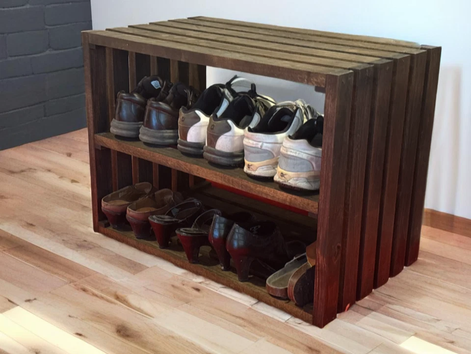 Banco zapatero de madera rústico - Organizador de entrada de 2 niveles en nogal oscuro - 28" Foto 2 de 4