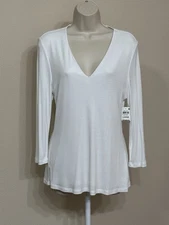 INC International Concepts Women’s White Ribbed Long Sleeve V-Neck Slim Blouse L