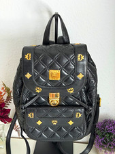 MCM Damen Rucksack Leder Schwarz gesteppt Logo Drehverschluss Gold 24x19x11