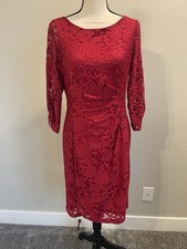 Tahari Arthur Levine Sz 10 Red Lace Cocktail Dress Side Sleeve Ruching Lined