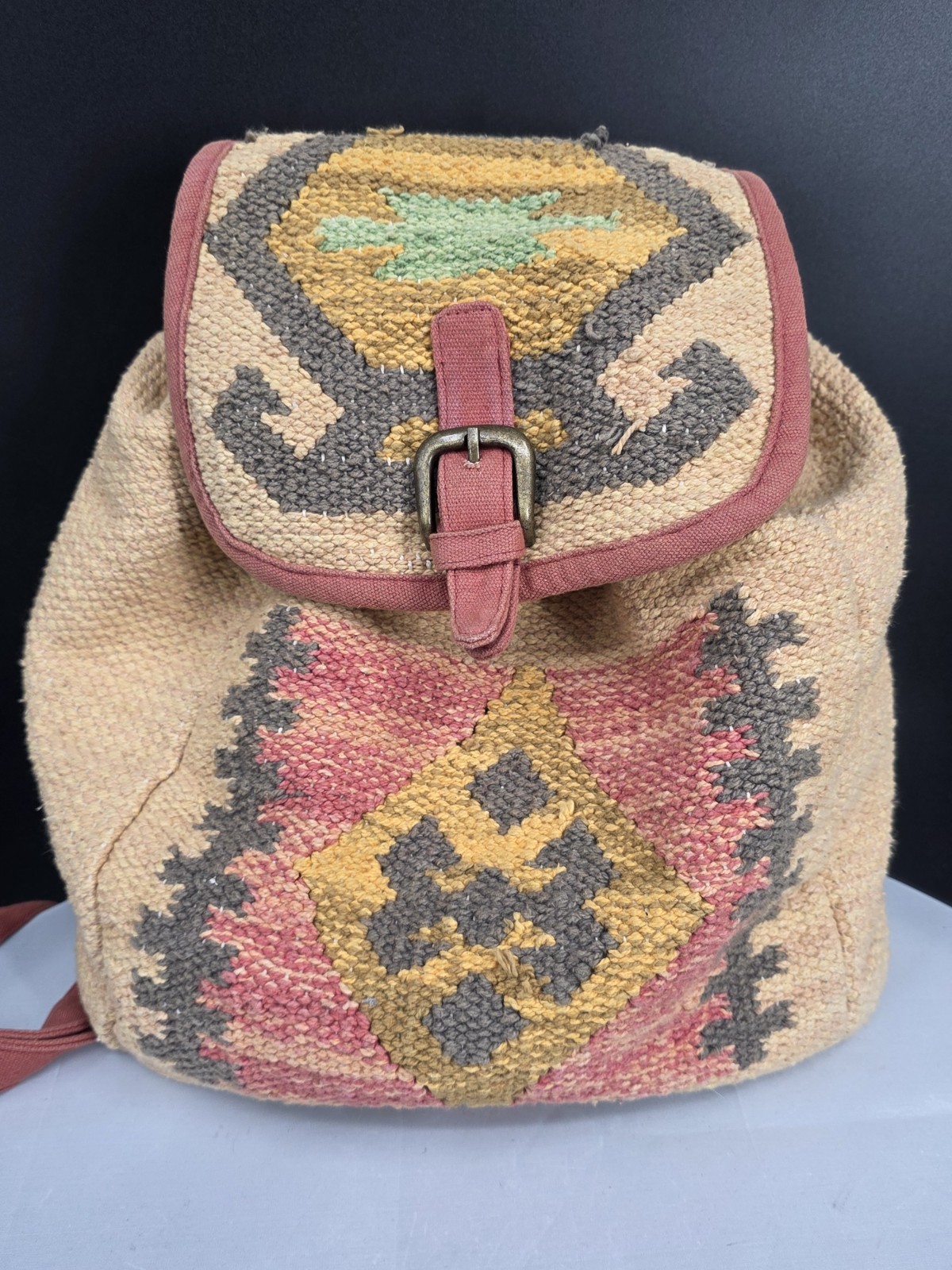 World Market Backpack Kilim Style Boho Woven Canvas Drawstring Tapestry Bag
