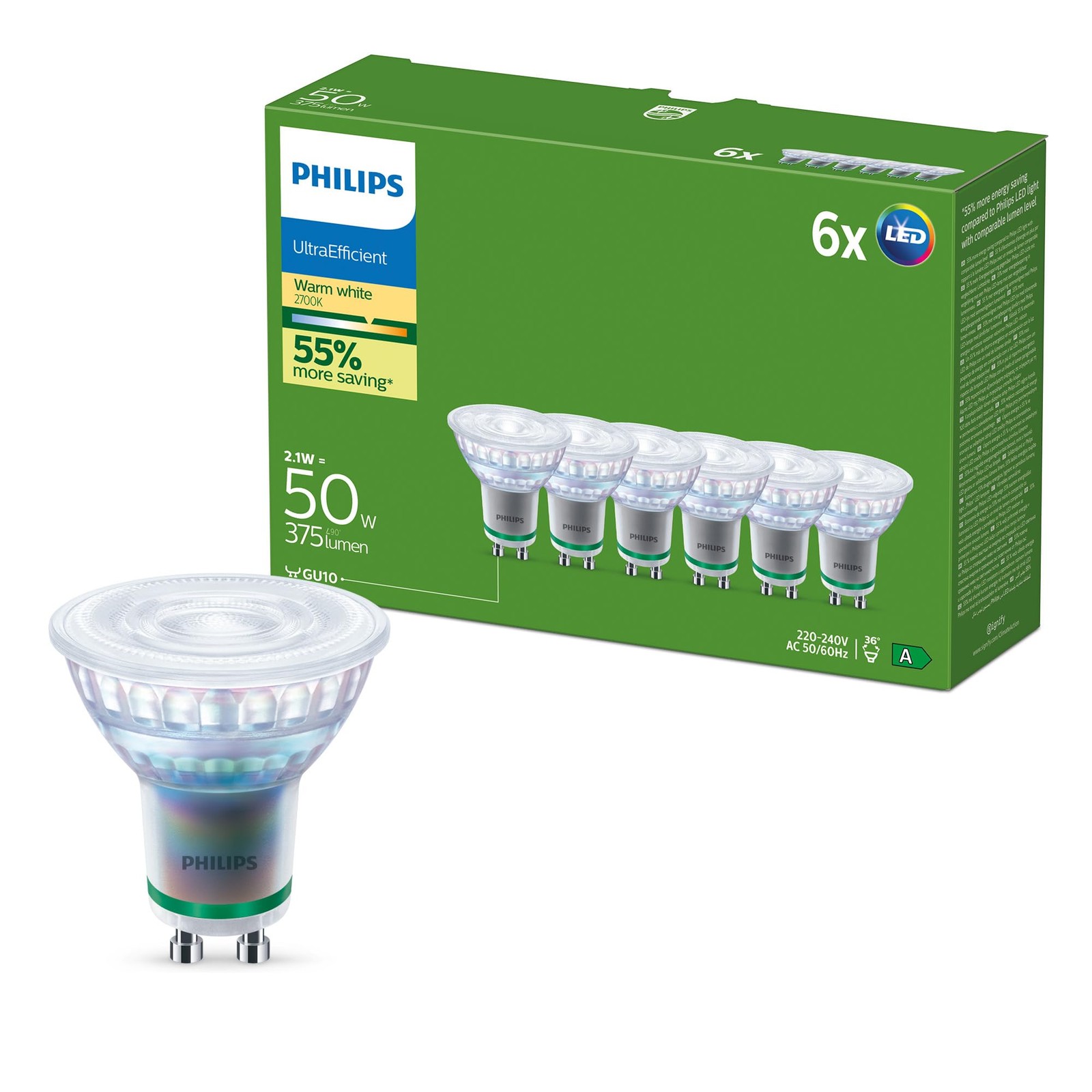 Spots LED GU10 50W pack de 6 ampoules encastrables 375 lumens pour spot de plafond blanc