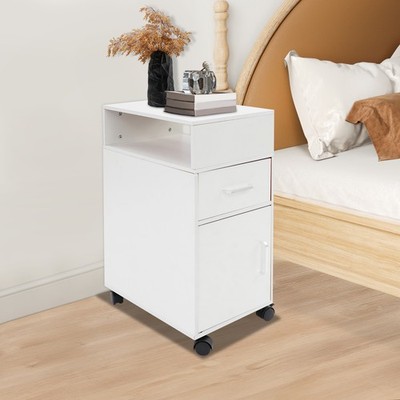 Rolling Bedside Table with Locking Wheels Warm White Nightstand Storage Cabinet