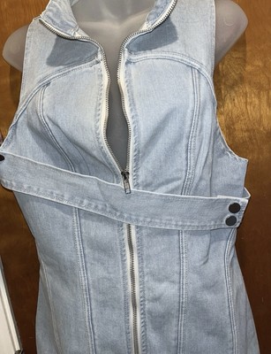 Pretty Little Thing Bleach Wash Tab Detail Zip Denim Mini Dress US 10 UK 14 NWT