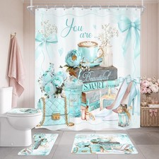 Teal Turquoise Women Girls Bow 4Pcs Bathroom Shower Curtain Set with Rugs
