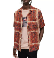 Allsaints Exo Red Snake Print Regular Fit Button Down Camp Shirt Size M