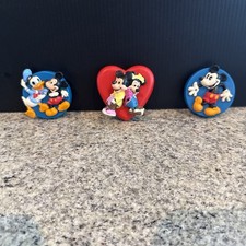 3 Vintage Disney PVC Magnets: 2 Round Blue w/ Mickey Donald, Mickey Minnie