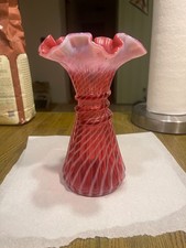 Vtg Fenton Glass Cranberry Opalescent Spiral Vase Optic Wheat Vase