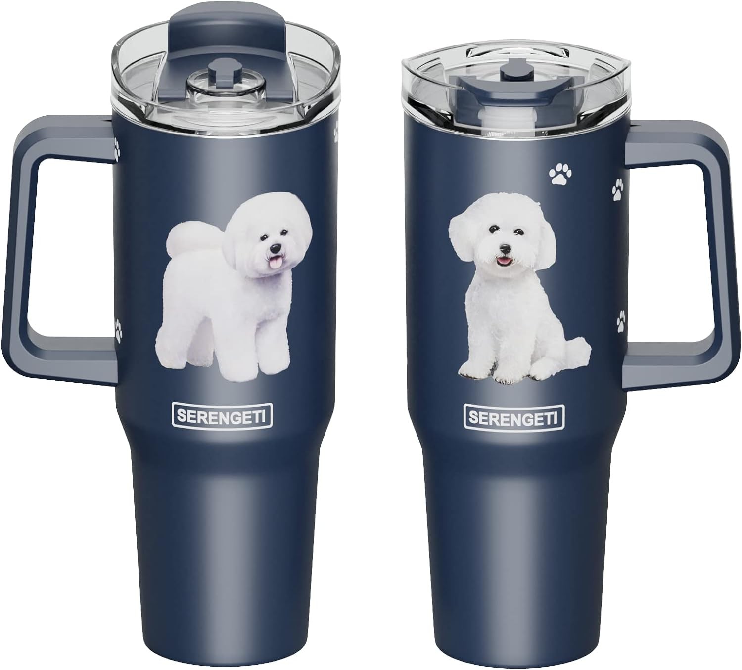 Serengeti 40 Oz Bichon Frise Dog Stainless Steel Tumbler w Handle, Straw - Lid