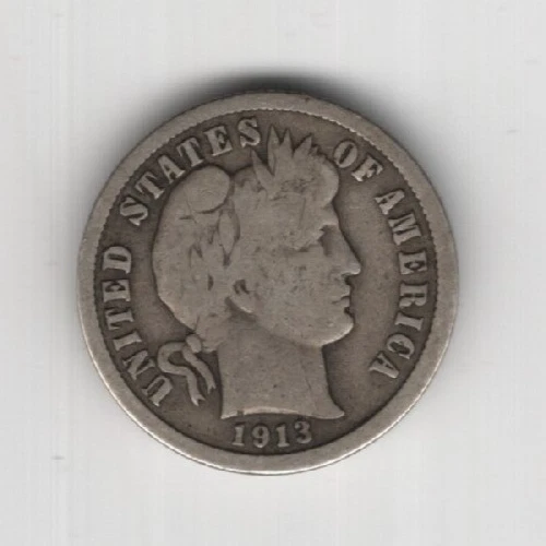 1913 P BARBER DIME 90% SILVER PHILADELPHIA 10¢ UNITED STATES AMERICA TEN CENTS