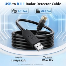 USB to RJ11 Power Cord for Beltronics Valentine One V1 Gen1 Gen2 Radar Detector