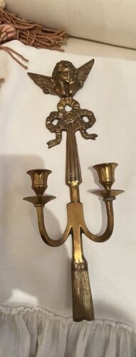 Vtg Cherub Sconce Candle Holder Metal Gold Ribbon Bow Vtg Style Putti Angel - Picture 1 of 19