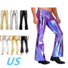 Men's Shiny Metallic Disco Long Pants Bell Bottoms Vintage Flared Trousers