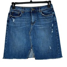 LOFT Petite SZ 6P Mini A-Line Jean Skirt Pockets Distressed Slit Frayed Hem Blue