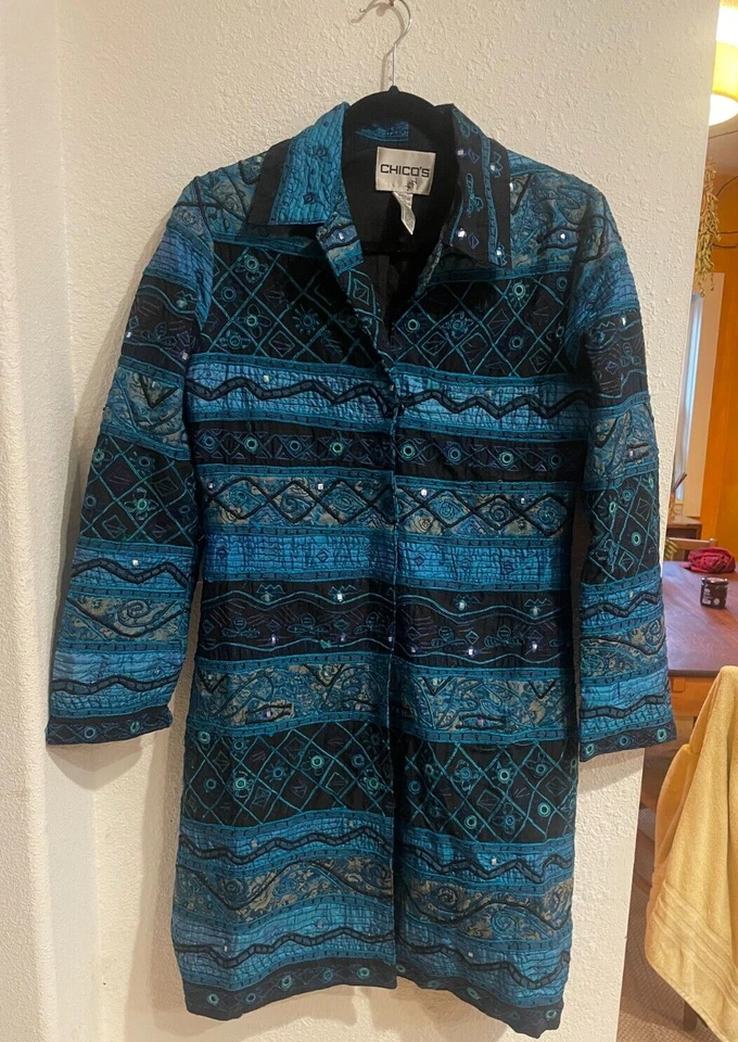 Abrigo Cárdigan Chico's Azul Zafiro Aguas Profundas Bordado Brocado Talla 0 Foto 4 de 4