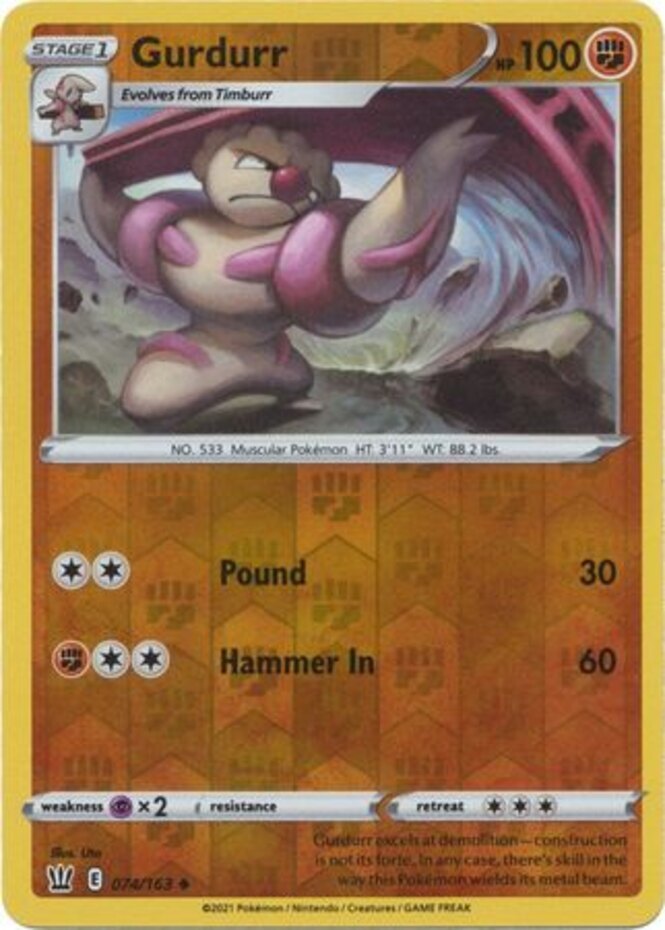 LP Pokemon Gurdurr - 074/163 - Uncommon - Reverse Holo Lightly Played Battle Sty