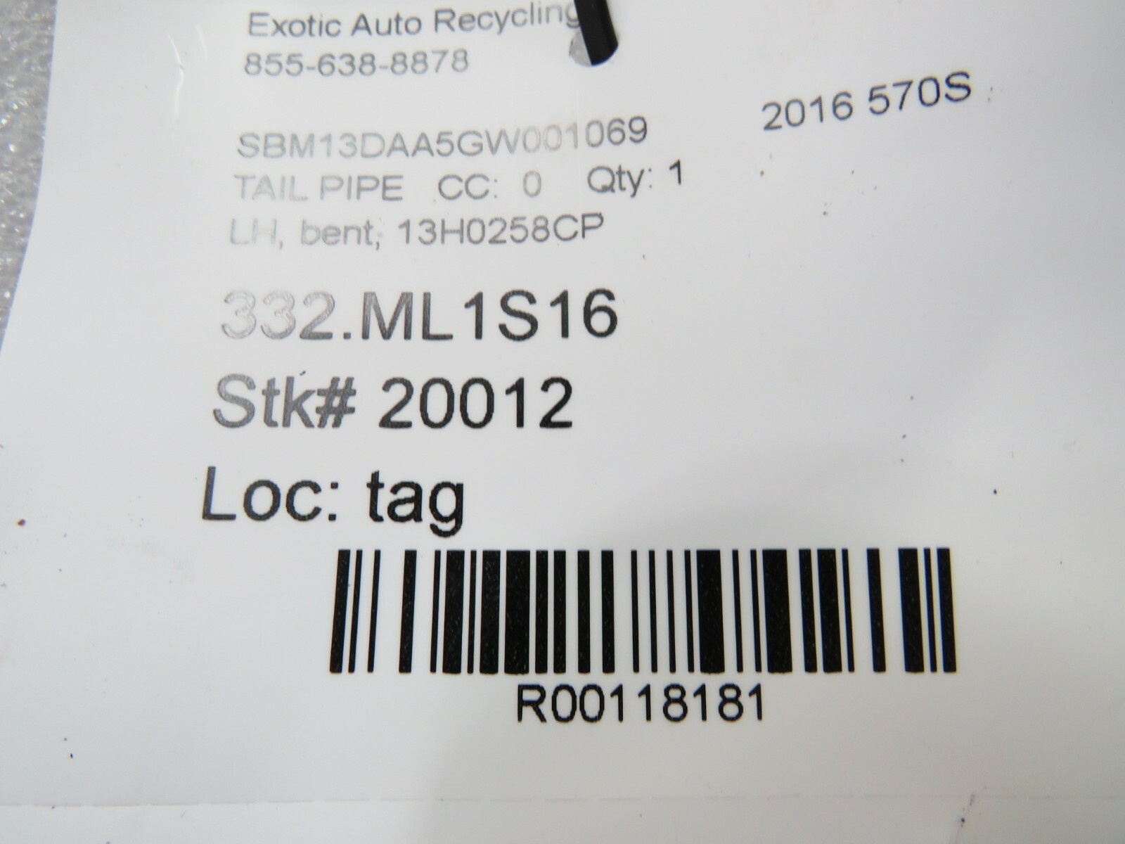 McLaren 570S, LH, Left Tail Pipe, Used, P/N 13H0258CP