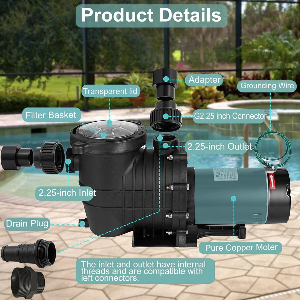 Hayward 1.5HP Swimming Pool Pump In/Above Ground Pool w/ Motor Strainer Filter - Image 4 of 4