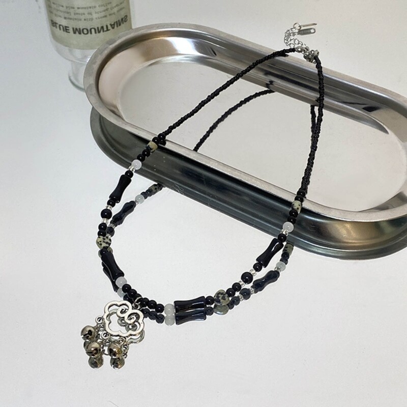 Padlock Necklace Black Rope Fringe Bead Choker Sweater Chain for Women Girl Teen