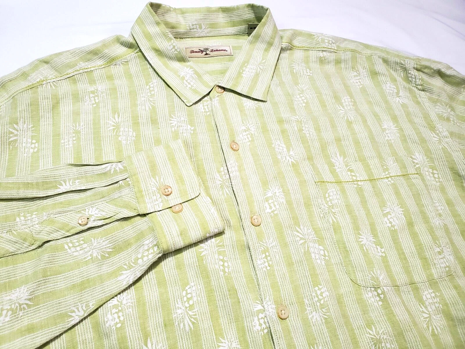 Tommy Bahama Mens Button Front Shirt 100% Linen Green Pineapples 2XL Long Sleeve