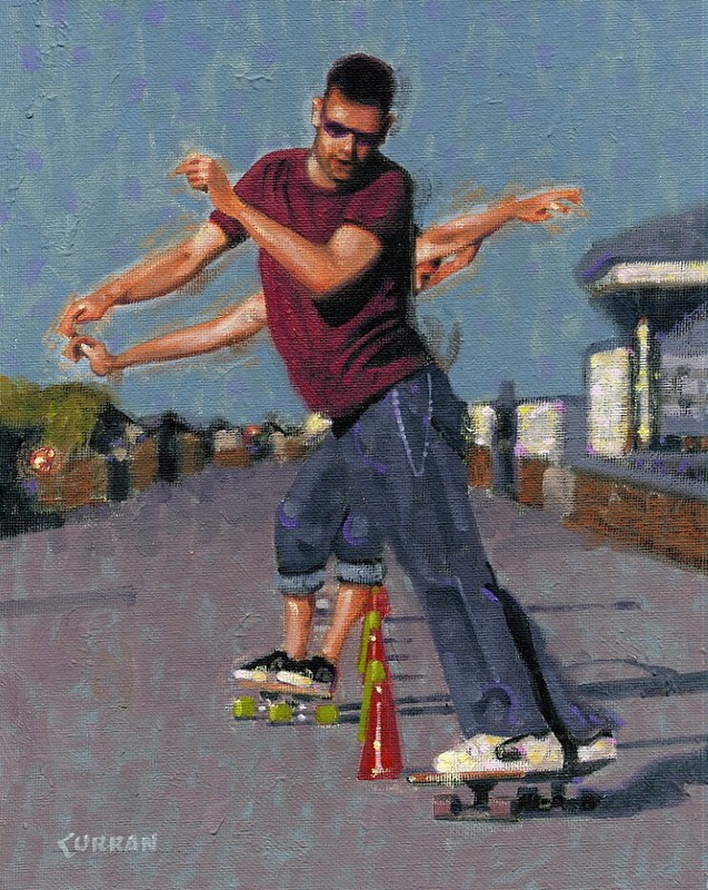 ORIGINAL OIL PAINTING, SKATEBOARDERS MAKING SOME SMOOTH MOVES, listed artist NR!