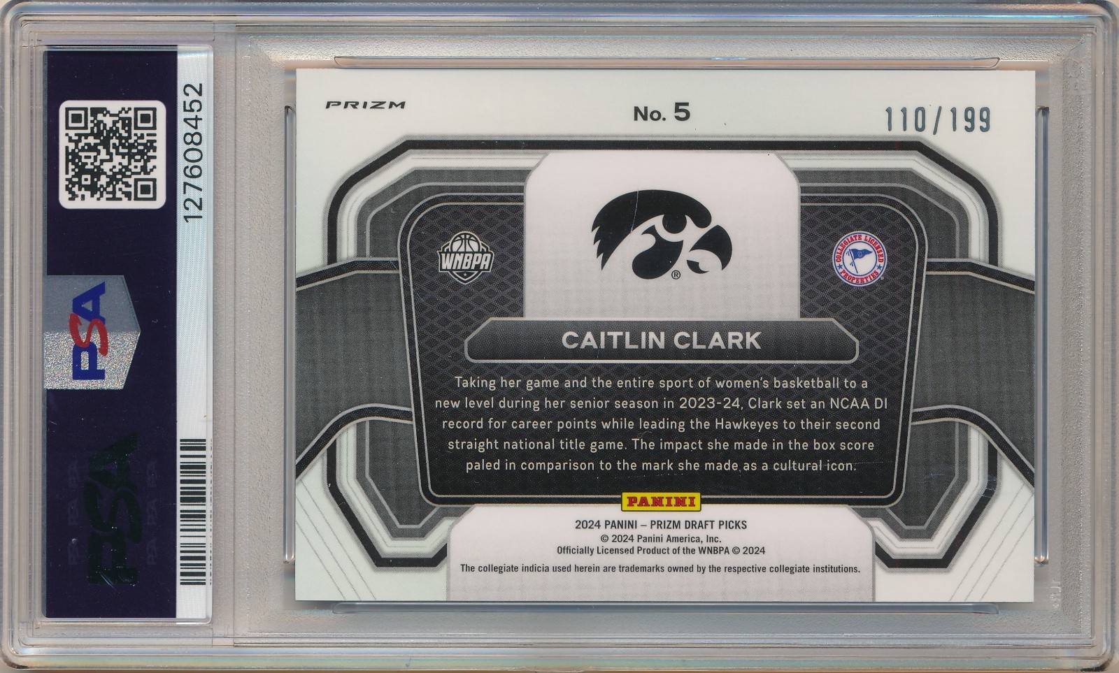 2024 PANINI PRIZM DP CAITLIN CLARK CAMPUS LEGEND BLUE #/199 #5 RC PSA 10 ROOKIE view 2