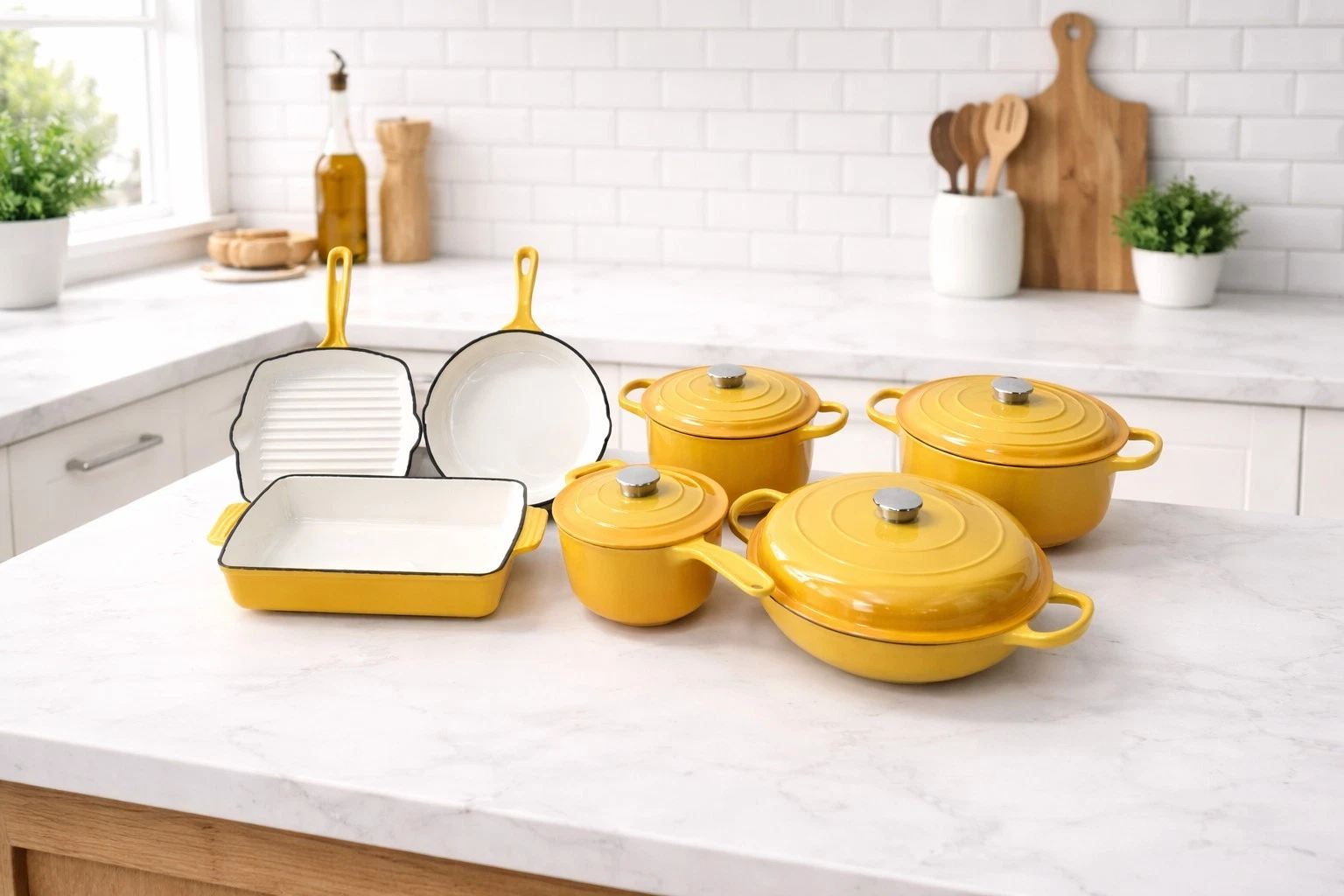 11-Piece Enamel Cast Iron Cookware Yellow Set. Grill & Bakeware,Oven & Induction