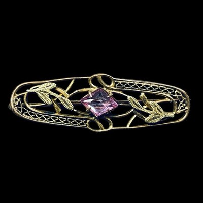 Vintage F.P.C.O Ford & Perry Co. Pin Brooch Brass Filigree Pink Stone 1.5''