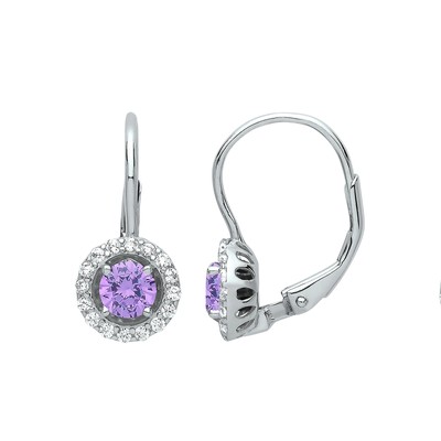 Silver Jewelco London Lilac CZ Solitaire Halo Drop Earrings