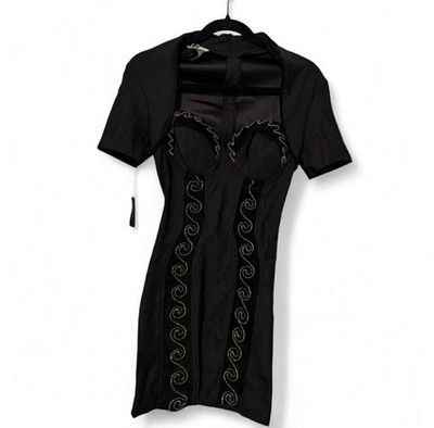 VTG Wild West By Marcello Black Bodycon Dress With Gold Embroidery Size 2