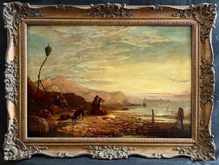 c1851 FIGURES & DOG ON BEACH WITH SAILBOATS AT SUNSET ANTIQUE OIL PAINTING