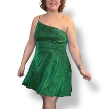 Lulus Disco Dreaming Shiny Green one Shoulder fit and flare mini dress XL