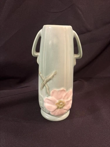 Weller Pottery Pair 1930s Double Handled Wild Rose Dogwood Vases Sea Foam Green