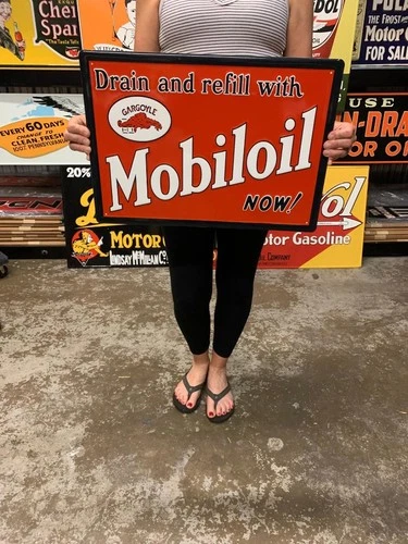 Antique Vintage Style Metal Sign Mobiloil Drain Fill Made in USA