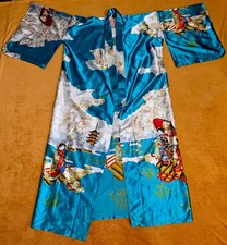 Geisha Pagoda Print Kimono Robe Silk Aqua Teal 4Ft 10" Tall 21" Wide