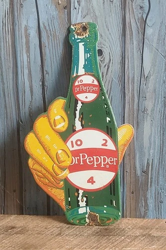 Vintage Dr Pepper Porcelain Metal Enamel Soda Pop Bottle Advertising Sign