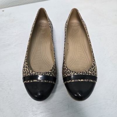 Crocs Animal Print Cheetah Leopard Black Brown Cap Toe  Ballet Flats Shoes Sz 9