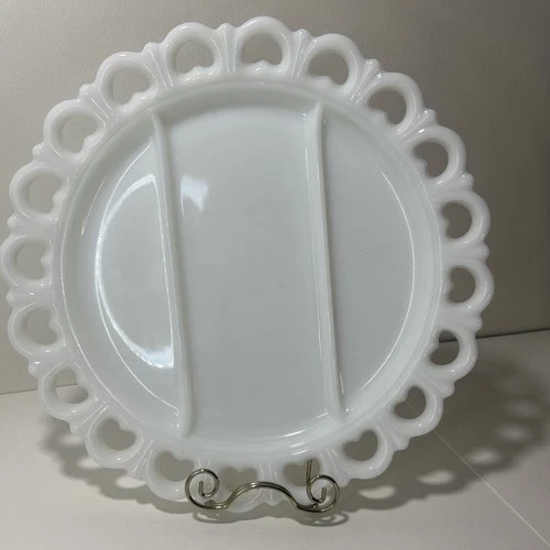 Vintage Anchor Hocking "Old Colony" Lace Divided Serving Platter Milk Glass 13”