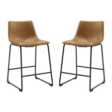 Pemberly Row 24.5'' Contemporary Faux Leather Counter Stool in Brown (Set of 2)