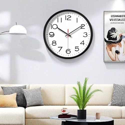 Silent 12-Inch Quartz Wall Clock in Black Frame with Glass Cover - Modern Decor