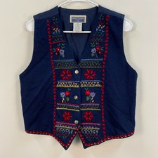Erika Classics Womens Medium Vest Top Blue Embroidered Wool Floral Nordic 12329