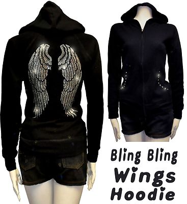 Lady Angel Wings Rhinestone Hoodie Sweater Full Zip-Up Closure Pockets 