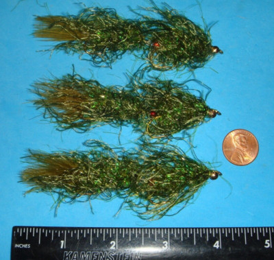FLY FISHING FLIES - Olive Articulated PULSATING LEECH Streamers #2 (3 pcs.)