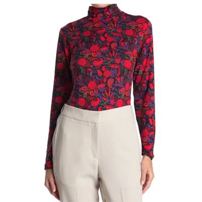 By Design Womens Red Floral Turtleneck Long Sleeve Jersey Knit Top Sz XL New