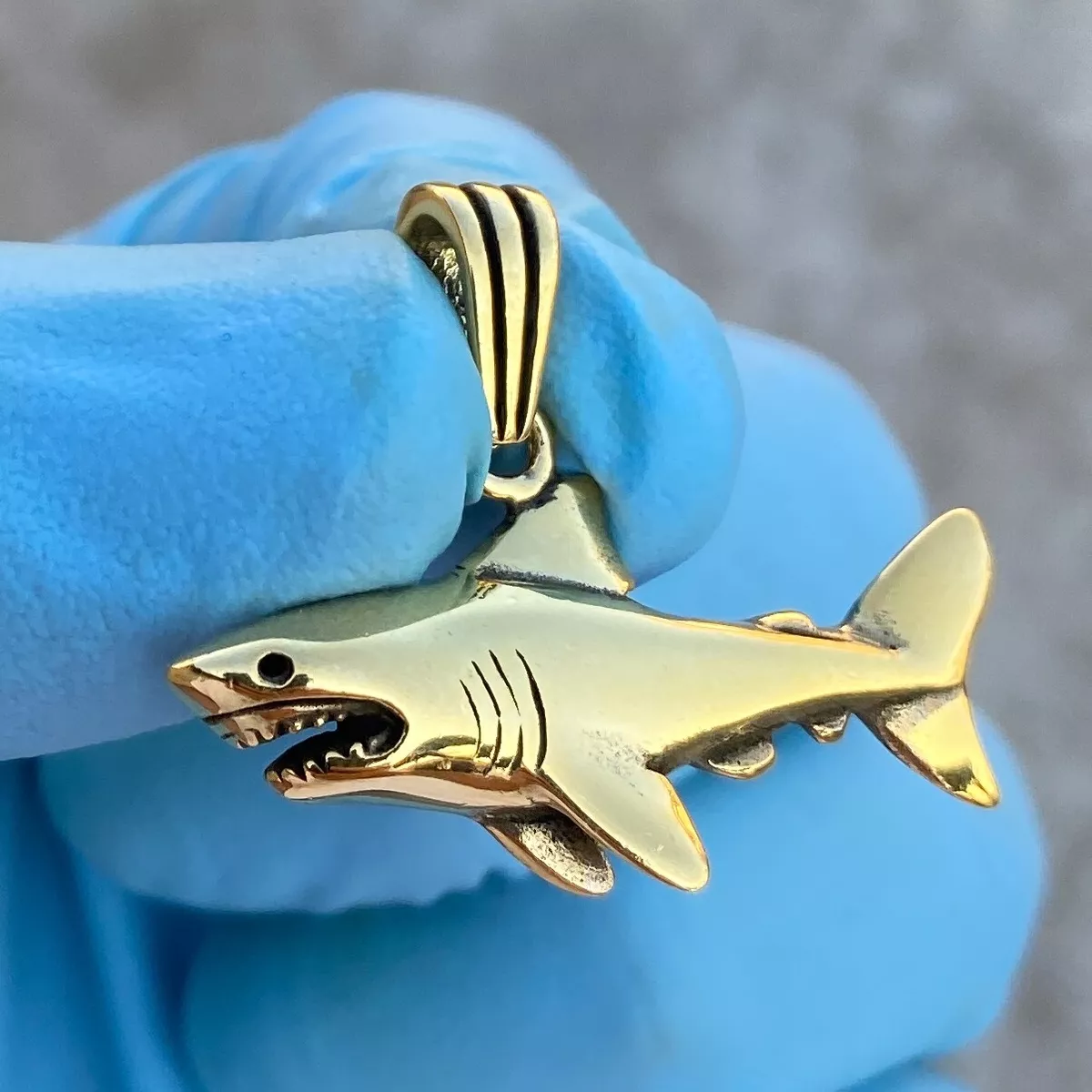 14K Gold Plated Over Solid 925 Sterling Silver Shark Pendant Oxidized Charm 1.5