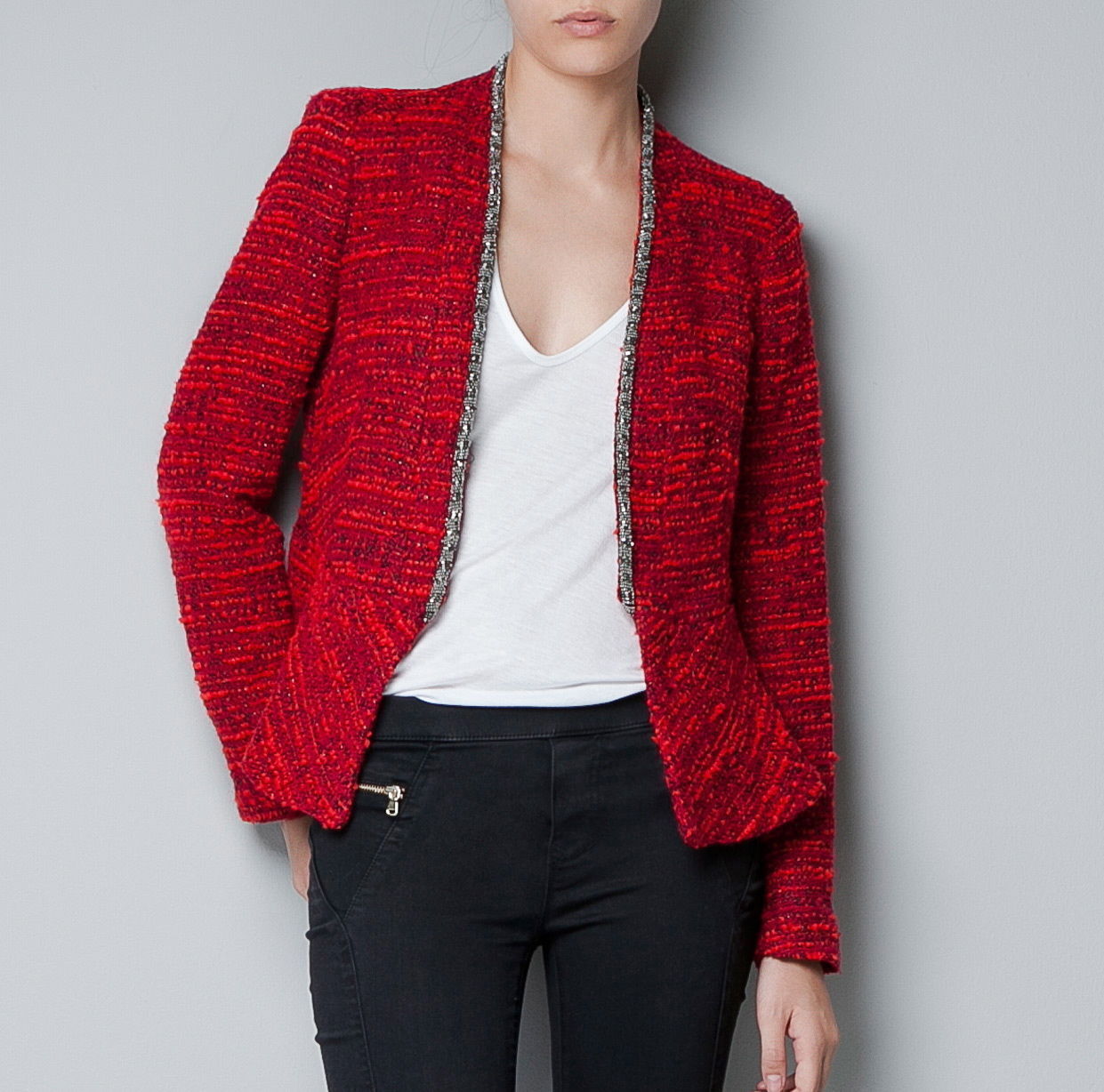 A699 ZARA VERY RARE BLAZER FANTASY BOUCLE RED METAL JACKET COAT EXRA SMALL - XS image 4