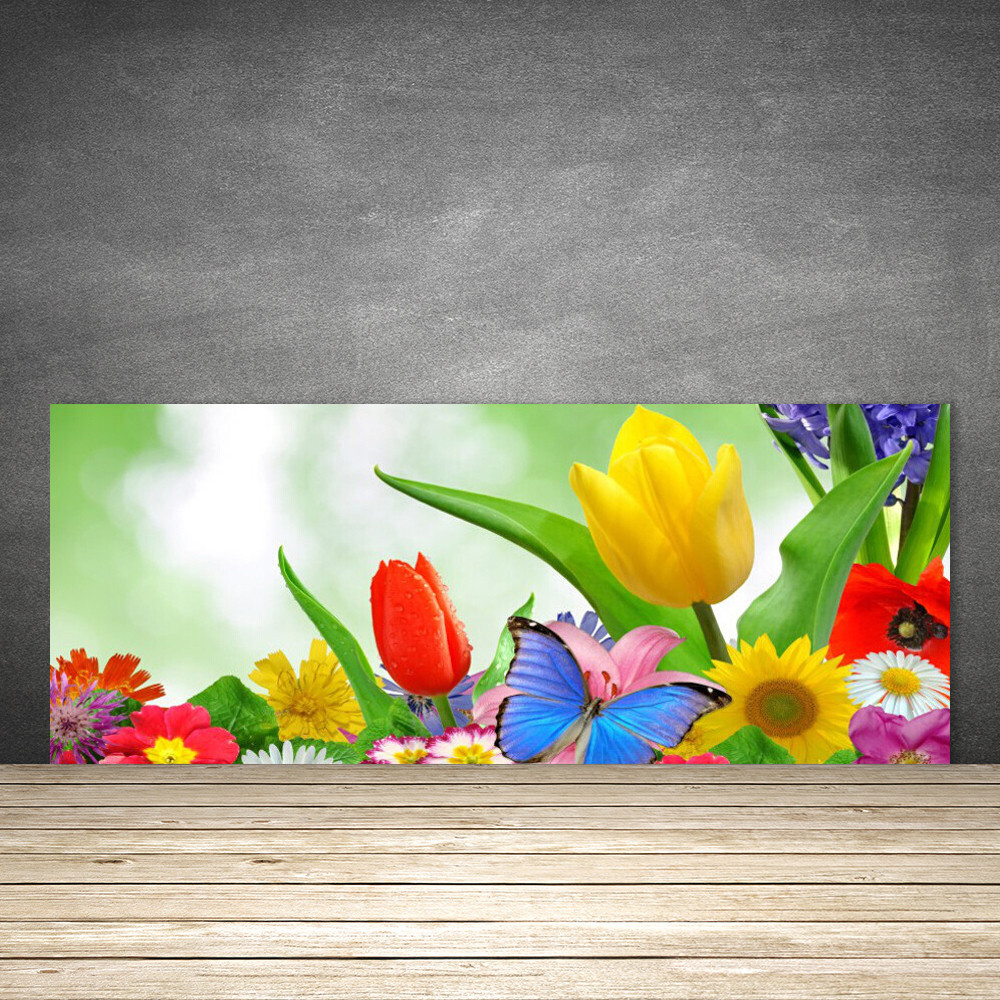Crédence de cuisine en verre 125x50 cm motif nature avec fleurs et papillons