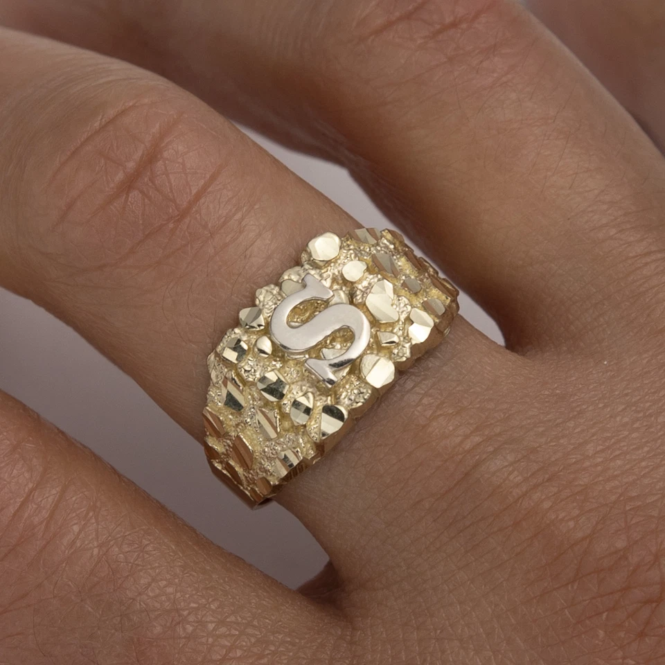 SOLID 10K Yellow White Gold Medium Nugget Design Initial Letter Ring All Sizes - Image 2 of 4